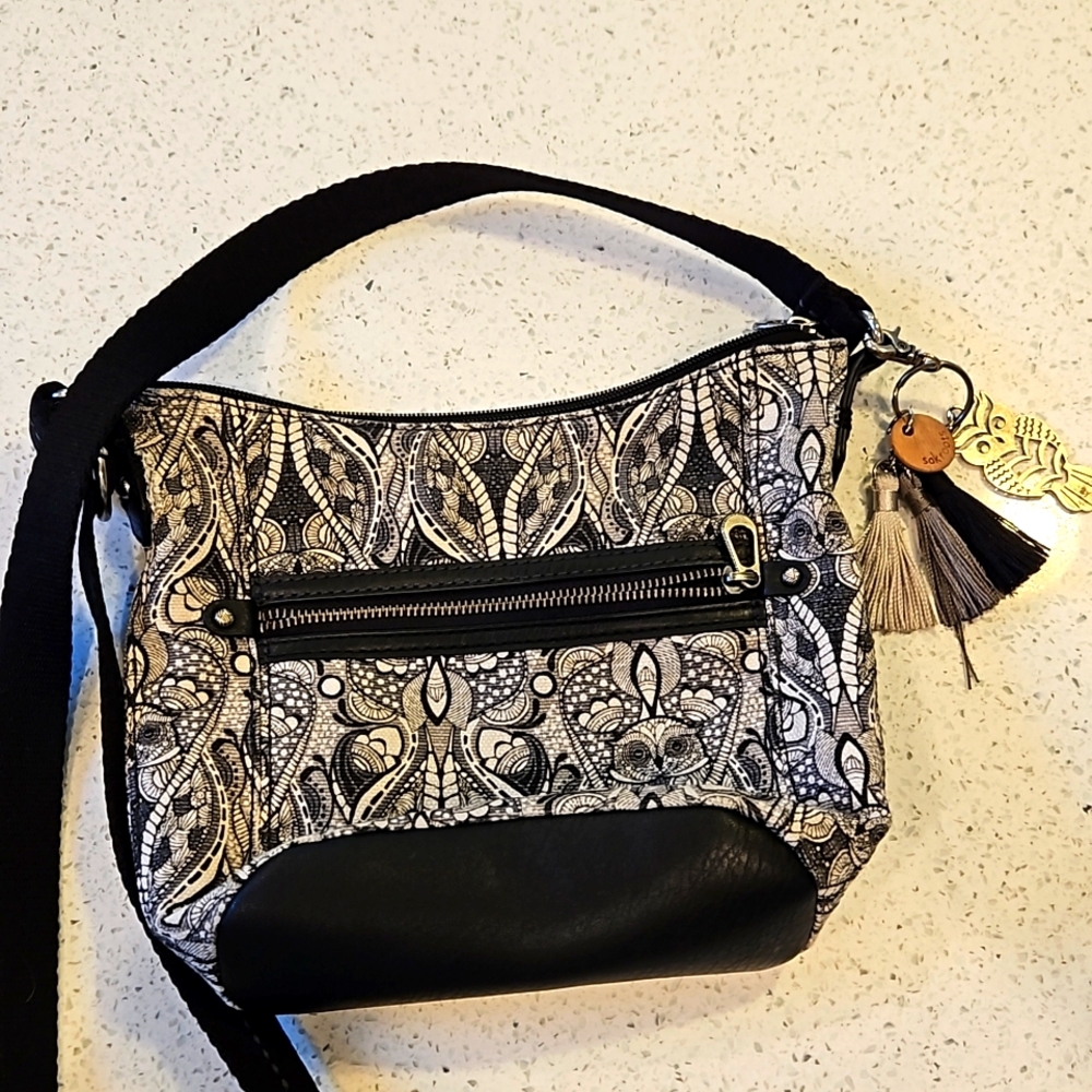 Sakroots Canvas Crossbody Purse Black and White Owl print and charm